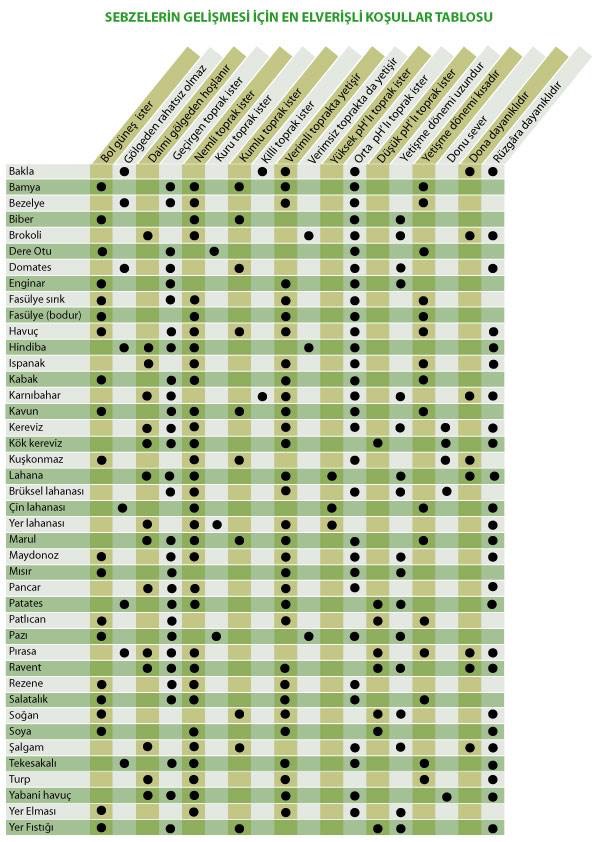 SEBZELERİN GELİŞMESİ İÇİN EN ELVERİŞLİ KOŞULLAR TABLOSU